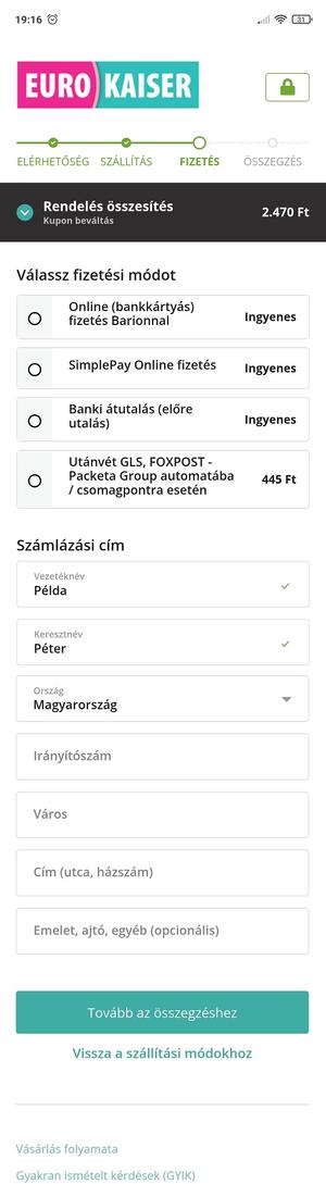 eurokaiserbolt.hu - pénztár, fizetési mód választása, számlázási adatok - mobil