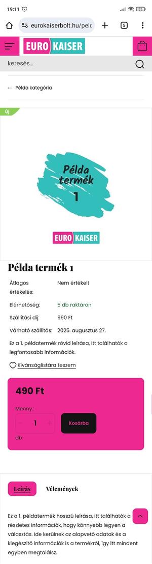 eurokaiserbolt.hu - a termékoldal és a kosárba rakás - mobil