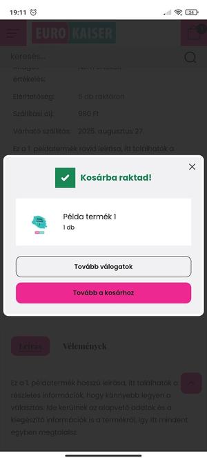 eurokaiserbolt.hu - a kosár felugró ablak - mobil