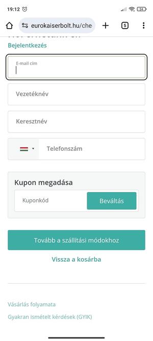 eurokaiserbolt.hu - a pénztár oldal - név,email cím, telefonszám - mobil